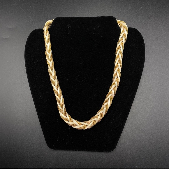 Mesh Chain Satin Braid Gold Tone Necklace - Picture 1 of 7